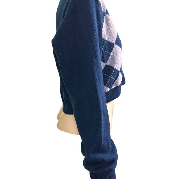 Aeropostale Light Blue Navy Blue Argyle Style Crop Top Cardigan Sweater Size XLG - Picture 2 of 8